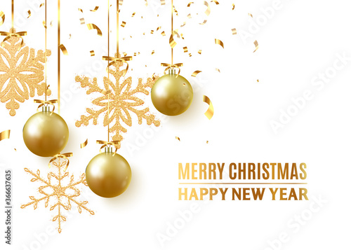 Golden Christmas balls background. Festive xmas decoration gold bauble and bright snowflake, hanging on the ribbon. Vector illustration