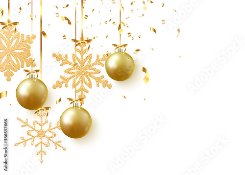 Golden Christmas balls background. Festive xmas decoration gold bauble and bright snowflake, hanging on the ribbon. Vector illustration photo