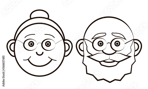 Linear vector set of faces, contour portrait of grandparents, grandfather in glasses and with a beard, grandmother in glasses and with a bundle of hair, blank elements for the design of cards