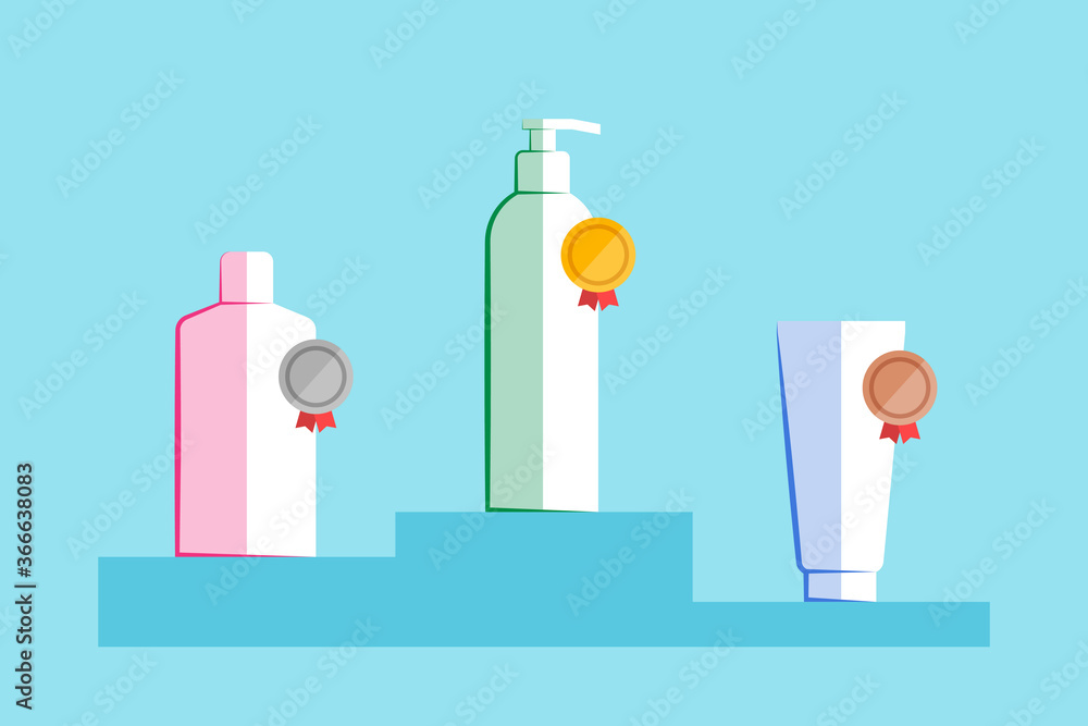 Cosmetic products are placed on the podium and awarded medals Cosmetic products are placed on the podium and awarded medals