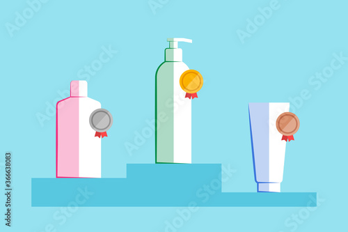 Cosmetic products are placed on the podium and awarded medals
