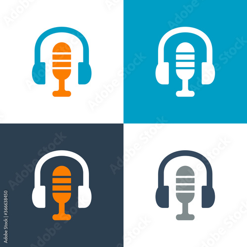 Microphone and headphone icon, podcast or radio logo template - Vector