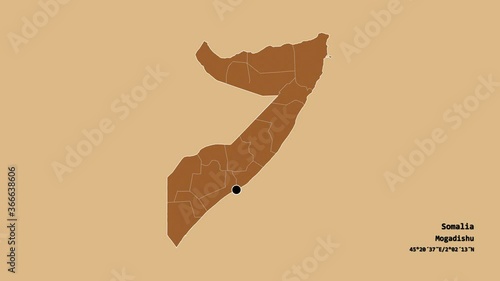 Nugaal, region of Somalia, with its capital, localized, outlined and zoomed with informative overlays on a solid patterned map in the Stereographic projection. Animation 3D photo