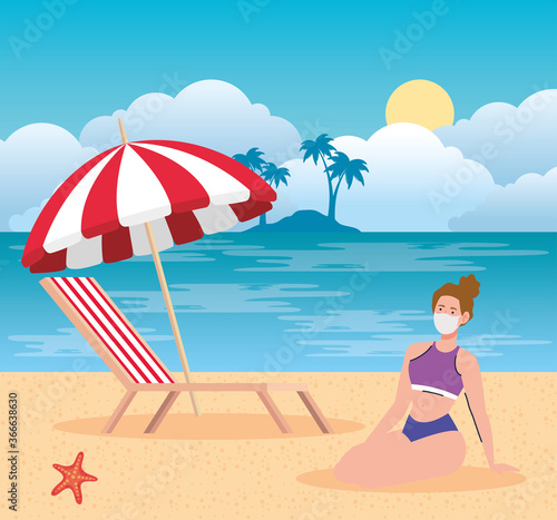 new normal summer beach concept after coronavirus or covid 19, woman, wearing medical mask in the beach