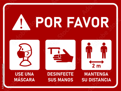 Horizontal Instruction Signboard in Spanish with Basic Measures against the Spread of Coronavirus such as Please Wear a Face Mask, Sanitize Hands and Keep Your Distance 2 m or 2 Meters. Vector Image.