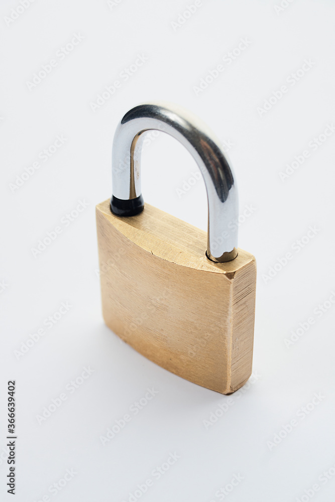 closed metal padlock on white surface, isometric view closed metal padlock on white surface, isometric view