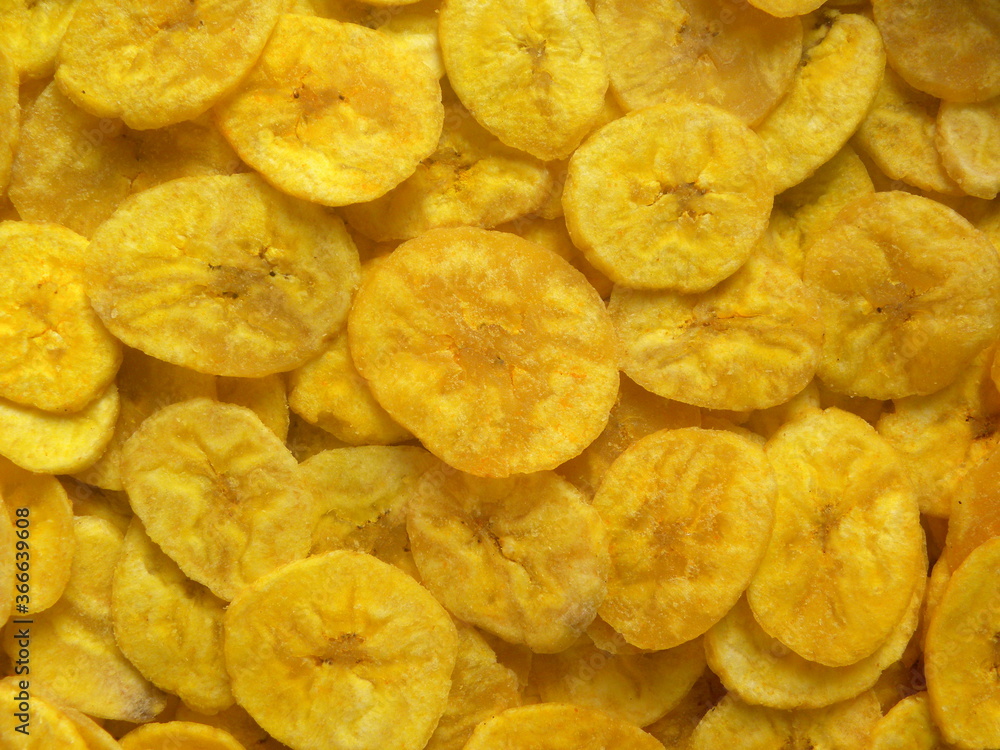 Yellow color dry fried Banana chips snack