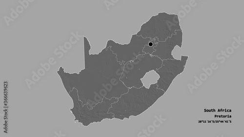 Gauteng, province of South Africa, with its capital, localized, outlined and zoomed with informative overlays on a bilevel map in the Stereographic projection. Animation 3D photo
