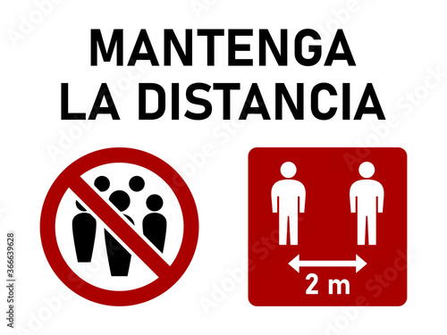 Mantenga La Distancia ("Keep the Distance" in Spanish) Social Distancing 2 m or 2 Meters Instruction Icon against the Spread of the Novel Coronavirus Covid-19. Vector Image.