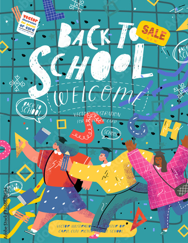 Back to school, college or university. Vector illustration of schoolchildren and students running to study and education for a poster, cover or banner. Drawing teenagers for the background
