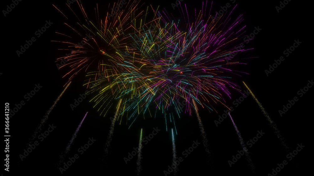Artistic Willow Shaped Colorful Fireworks Explosion With Smoky Trail Sparkling Particles Isolated With Black Background