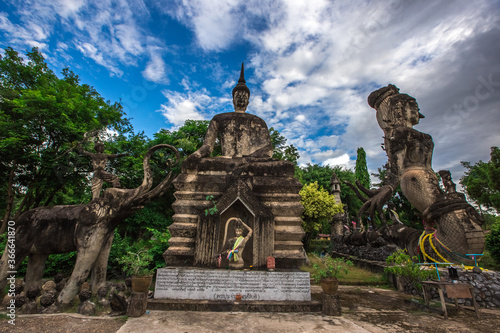 The background of the important religious sites in Nong Khai Province of Thailand (Sala Keo Kou) has Buddha images, statues, sculptures and history for tourists to study while traveling.