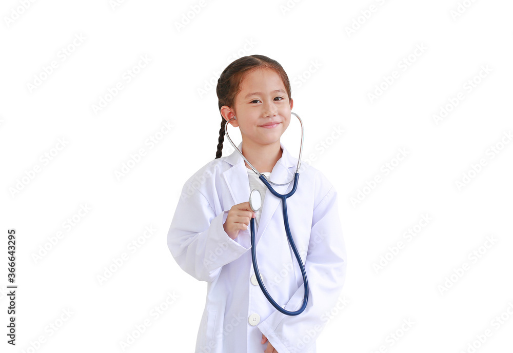 Portrait asian little child girl with stethoscope while wearing doctor's uniform isolated over white background Portrait asian little child girl with stethoscope while wearing doctor's uniform isolated over white background