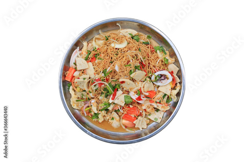 Spicy Instant Noodle Salad in aluminium tray isolated on white background - Thai food