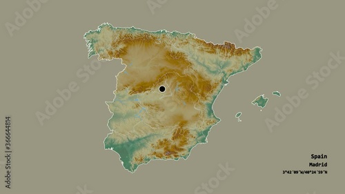 Galicia, autonomous community of Spain, with its capital, localized, outlined and zoomed with informative overlays on a relief map in the Stereographic projection. Animation 3D photo