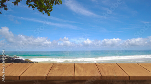 Wood table bar and beach sea in summer day