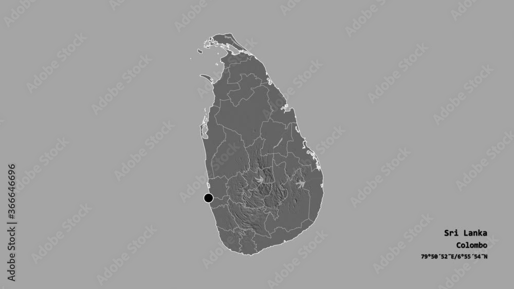 Jaffna, district of Sri Lanka, with its capital, localized, outlined and zoomed with informative overlays on a bilevel map in the Stereographic projection. Animation 3D Jaffna, district of Sri Lanka, with its capital, localized, outlined and zoomed with informative overlays on a bilevel map in the Stereographic projection. Animation 3D