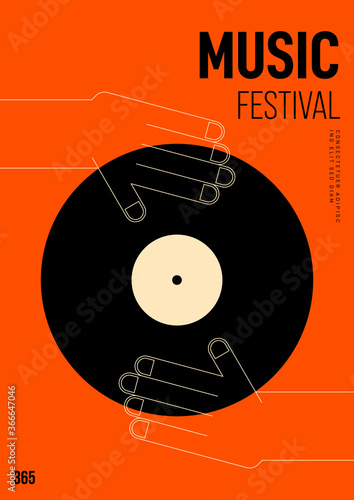 Music poster design template background with vinyl record and hand outline