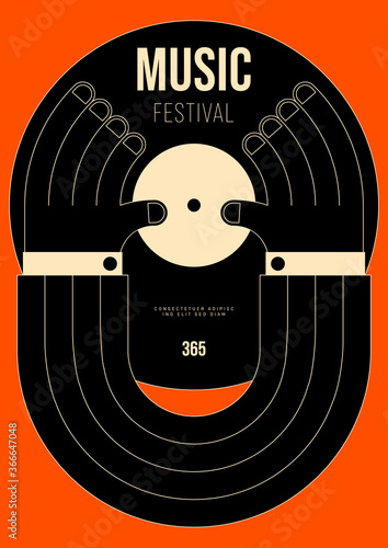 Music poster design template background with vinyl record and hand outline