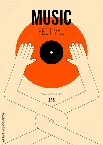 Music poster design template background with vinyl record and hand outline
