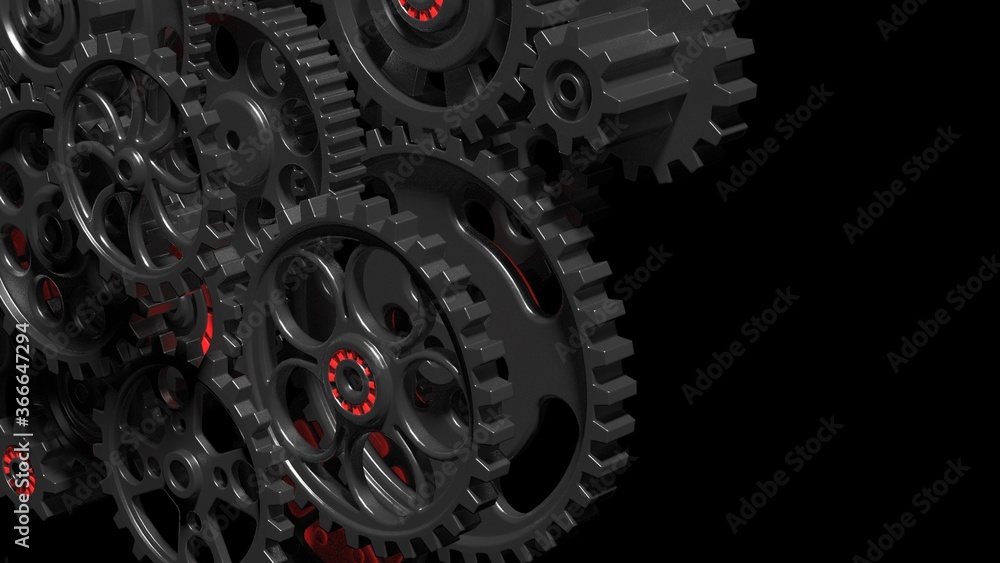 Mechanism black-red gears and cogs at work on spot light background. Industrial machinery. 3D illustration. 3D high quality rendering. Mechanism black-red gears and cogs at work on spot light background. Industrial machinery. 3D illustration. 3D high quality rendering.