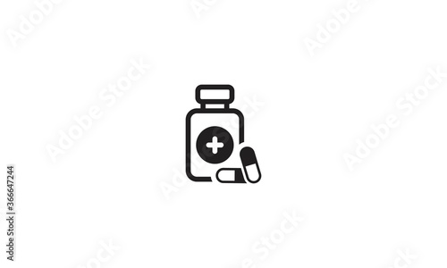 Drugstore. Medicine bottle and pills. Medicament. Black and white icon. Vector illustration