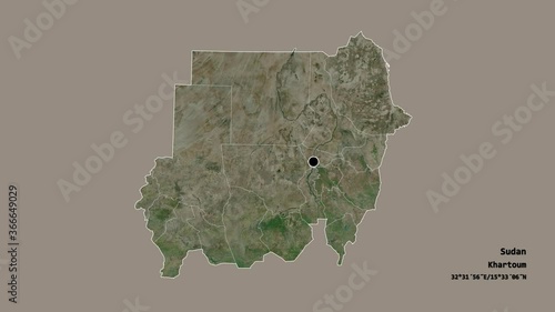 Central Darfur, state of Sudan, with its capital, localized, outlined and zoomed with informative overlays on a satellite map in the Stereographic projection. Animation 3D photo