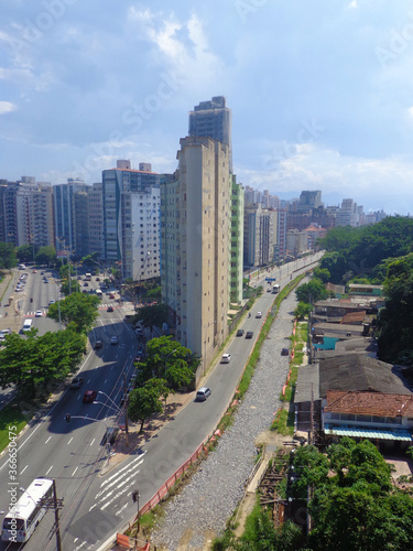 SAO VICENTE, SAO PAULO, BRAZIL - Aerial view of the buildings on the edge of the city