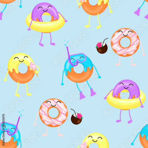 Cartoon donuts. Seamless pattern. Vector illustration isolated on a blue background.