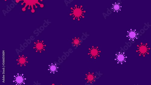 2D Animation of floating Corona virus icons on a purple background