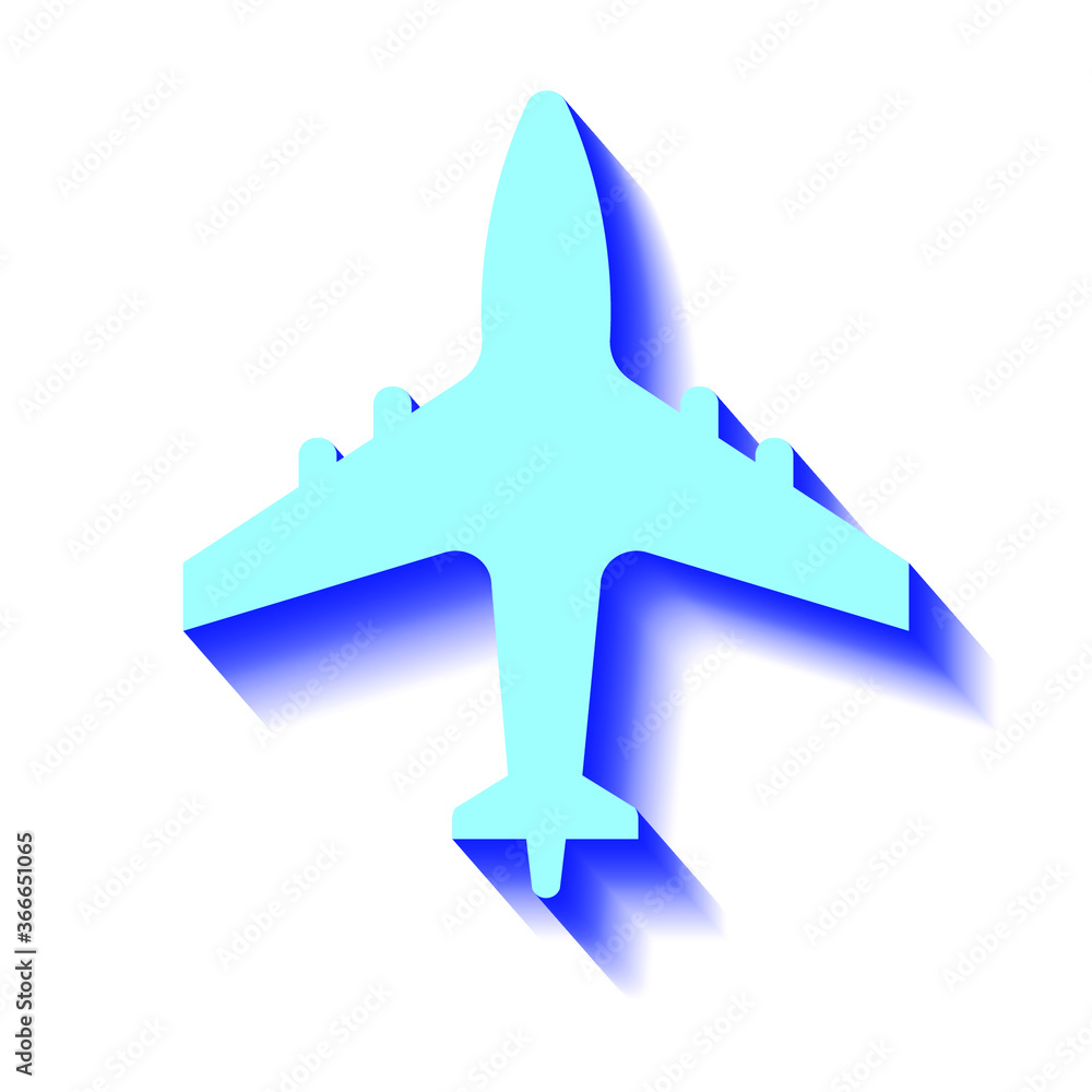 Airplane and blue shadow shadow on a white background, sign for design, vector illustration Airplane and blue shadow shadow on a white background, sign for design, vector illustration