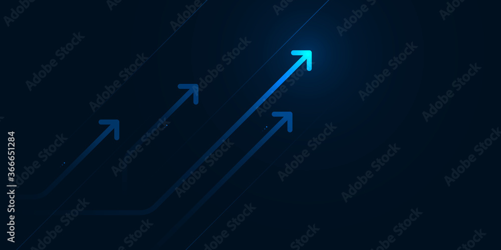 Light arrow up circuit on dark blue background, business growth concept.