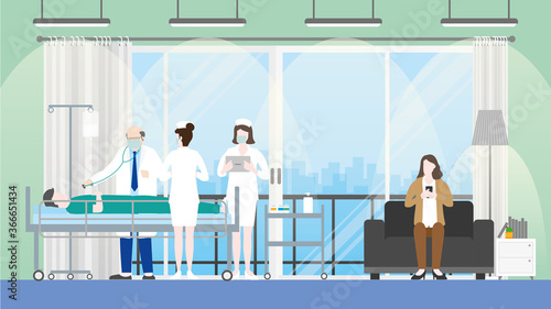Medical team. The doctor and nurse have to check up patient health in the hospital room. 