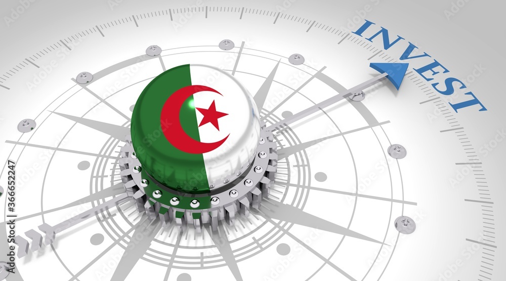 Business concept. Abstract compass points to the invest word. Flag of the Algeria. 3D rendering Business concept. Abstract compass points to the invest word. Flag of the Algeria. 3D rendering