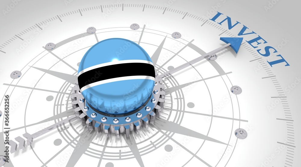 Business concept. Abstract compass points to the invest word. Flag of the Botswana. 3D rendering Business concept. Abstract compass points to the invest word. Flag of the Botswana. 3D rendering
