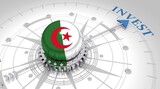 Business concept. Abstract compass points to the invest word. Flag of the Algeria. 3D rendering