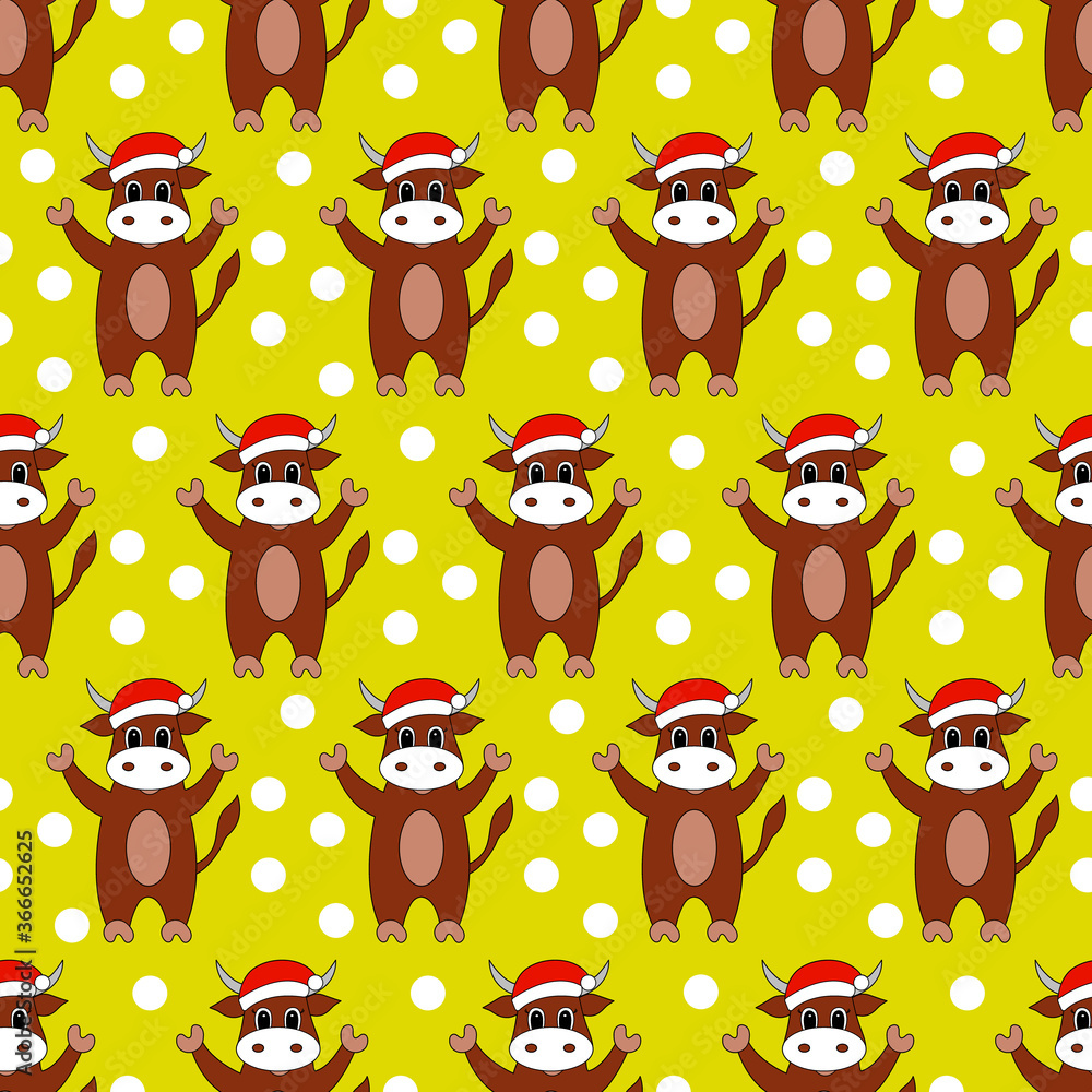 Naklejka premium Seamless pattern with cartoon bull in santa hat. Vector illustration.