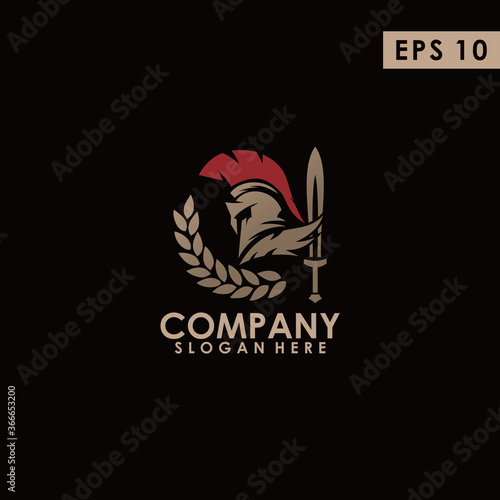Sparta Gladiator Head Logo With Sword And Leaf Design Vector Template With Luxury