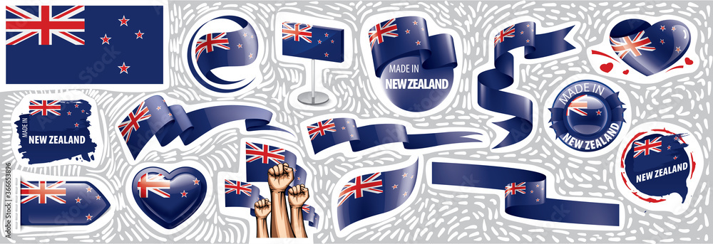Obraz premium Vector set of the national flag of New Zealand in various creative designs
