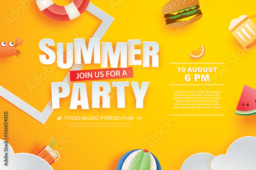 Summer party invitation banner with decoration origami. Paper art and craft style.