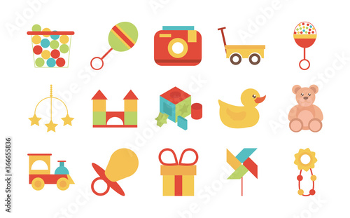 toy object for small children to play, flat style cartoon icons set