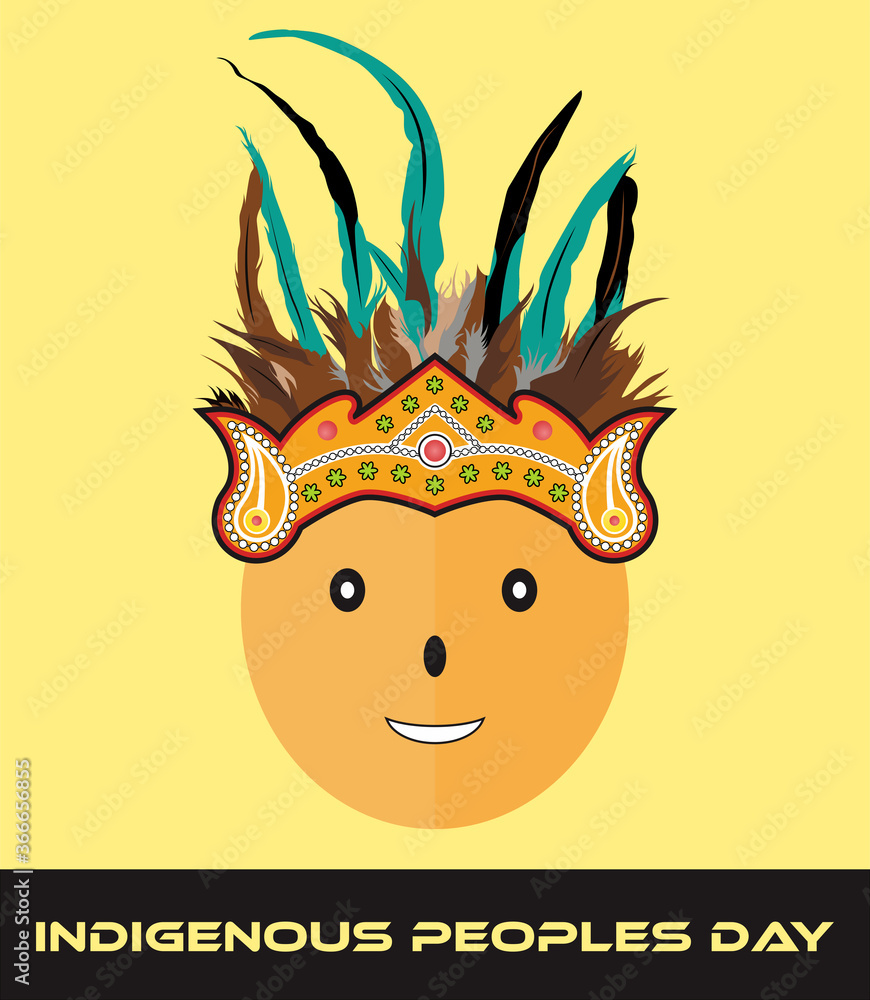 International Day of World's Indigenous People. Vector Flat Illustration of a indigen man with a crown of feathers. Tribal Painting.