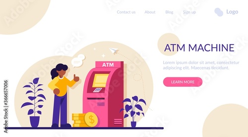 ATM machine concept. Man perform financial transactions using ATM. People are waiting near ATM machine, Queue at the ATM. Modern flat illustration.