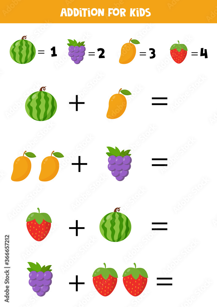 Obraz premium Addition with different fruits. Cartoon watermelon, mango, grape, strawberry.