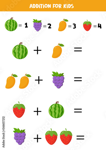 Addition with different fruits. Cartoon watermelon  mango  grape  strawberry.