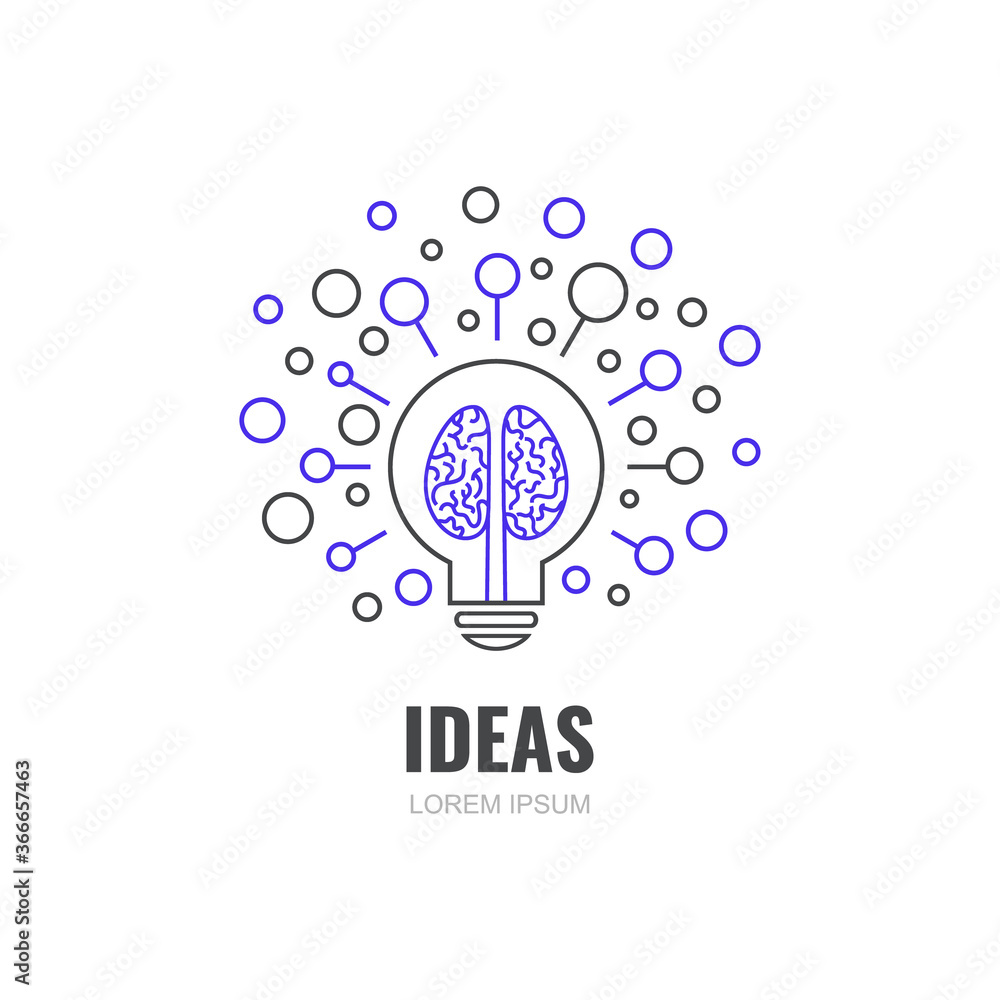 Vector black and blue line illustration. Brain creative ideas. Isolated on white background.