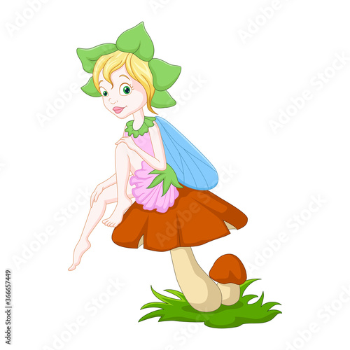 Cartoon fairy sitting on a mushroom 