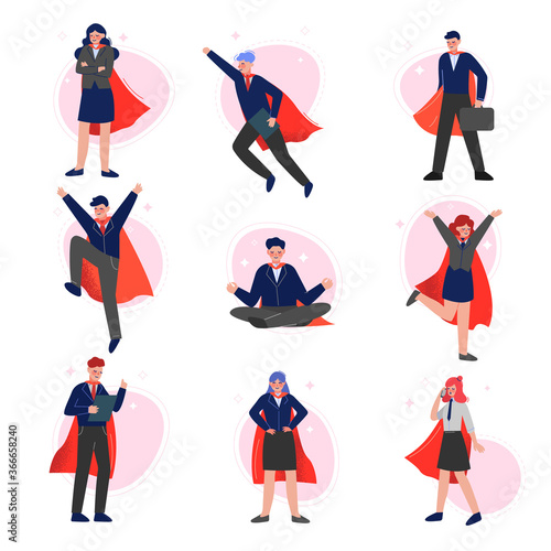 Businesspeople Superheroes in Red Capes Collection, Successful Business Characters, Leadership, Challenge Goal Achievement Vector Illustration