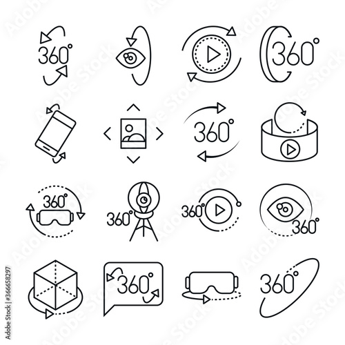 360 degree view virtual tour image panorama linear style icons set design