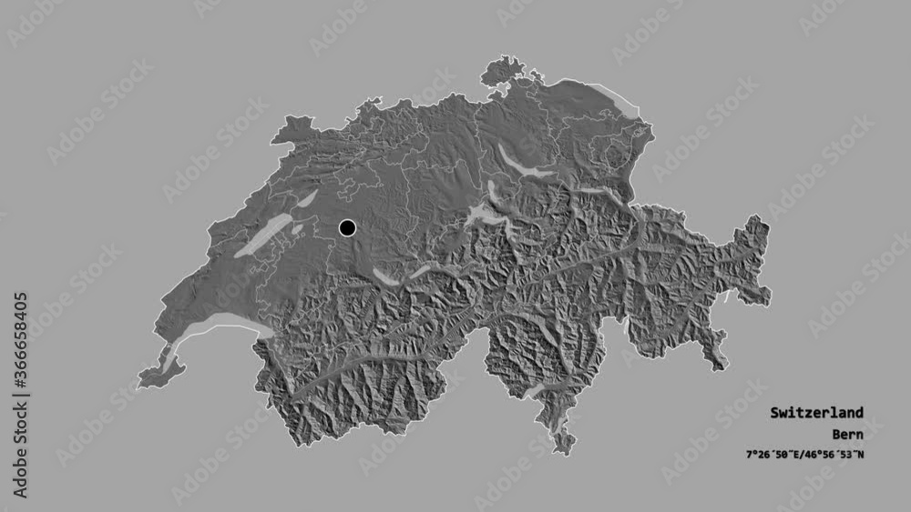 Solothurn, canton of Switzerland, with its capital, localized, outlined and zoomed with informative overlays on a bilevel map in the Stereographic projection. Animation 3D Solothurn, canton of Switzerland, with its capital, localized, outlined and zoomed with informative overlays on a bilevel map in the Stereographic projection. Animation 3D